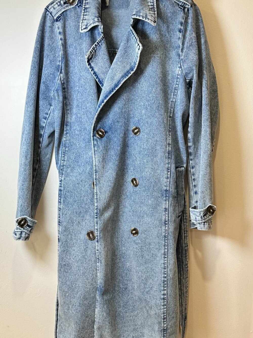 Stoosh Vintage Denim Jean Double Breasted Duster Trench Coat Light Wash Medium - Picture 5 of 10